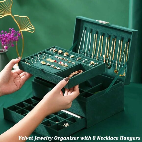 Jewelry Boxes for Women Green Velvet Jewelry Organizer with Lock,Teen Jewelry Or - Picture 5 of 9